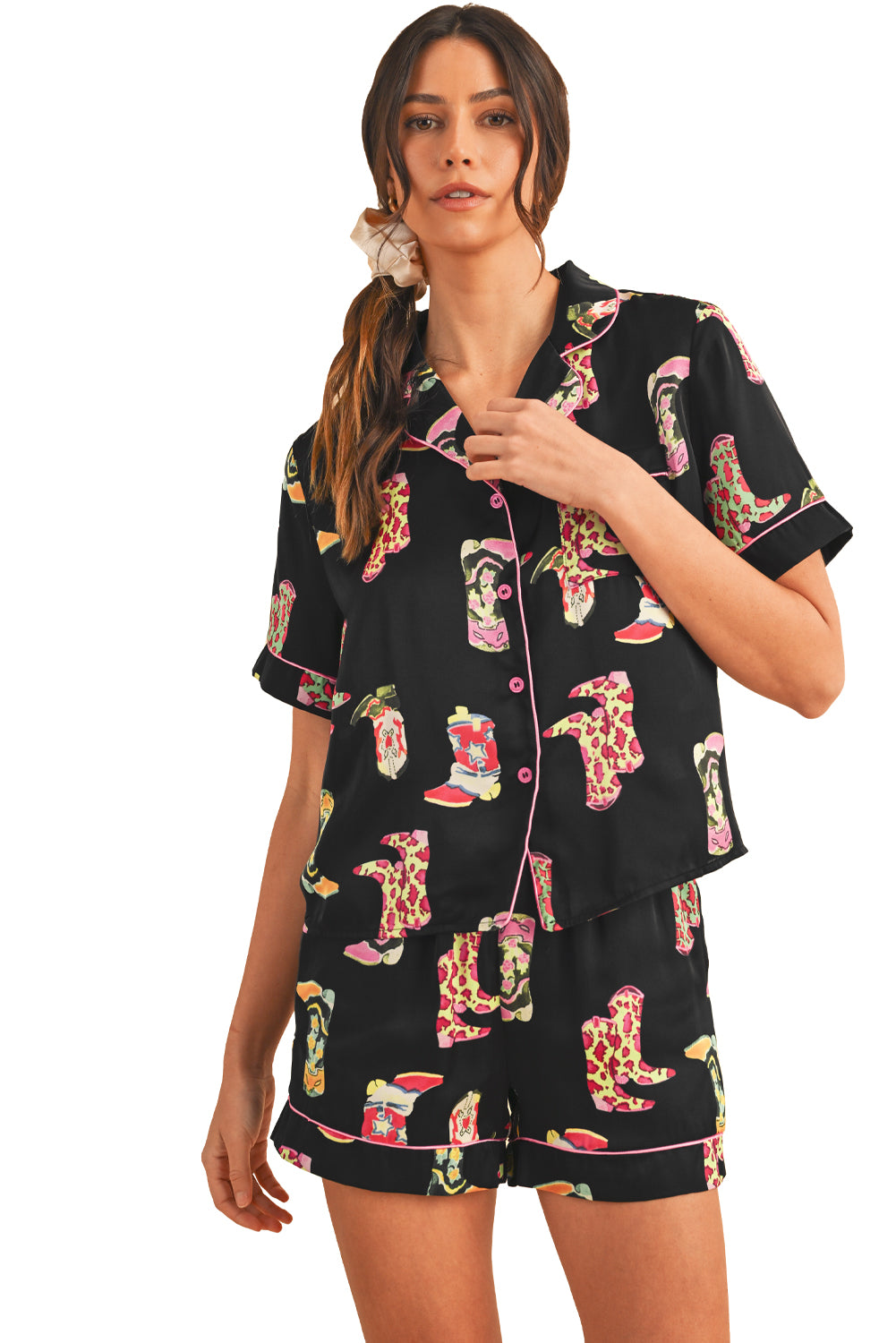 Boots Print Button-up Shirt and Shorts Pajama Set