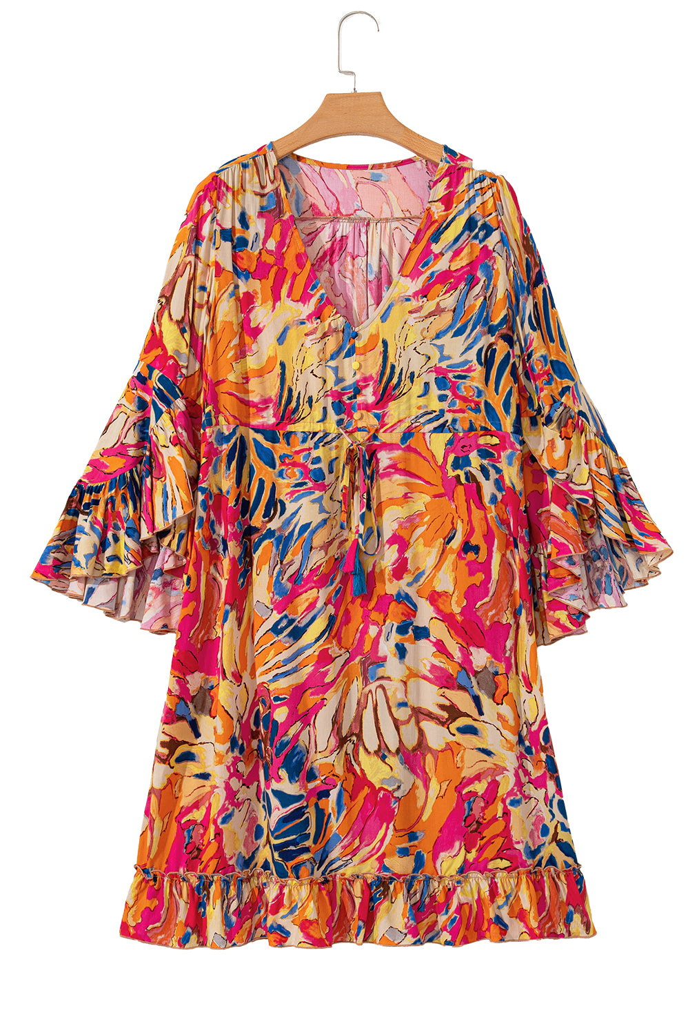 Charlie, Tropical Print Flared Sleeve Ruffle Hem High Waist Flowy Dress