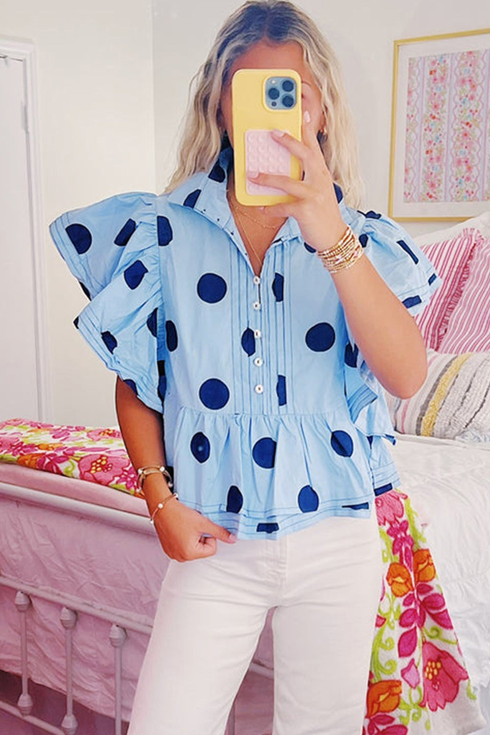 Taylor, Sky Blue Polka Dot Print Ruffled Short Sleeve Buttoned Collared Blouse