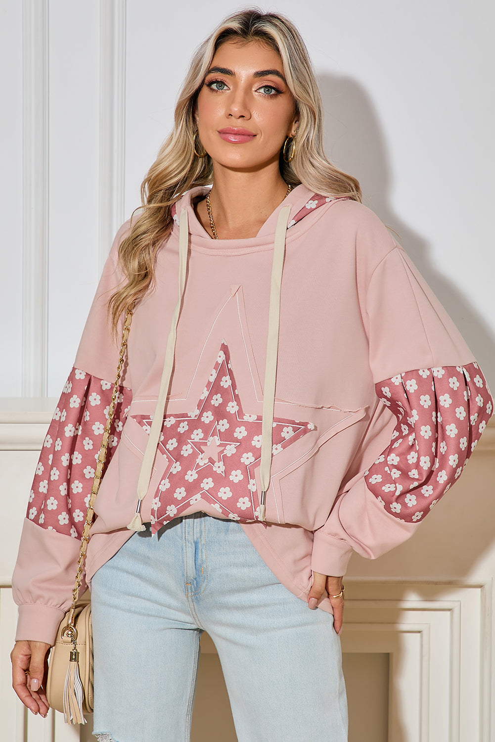 Alison, Floral Patchwork Star Pattern Drawstring Hoodie