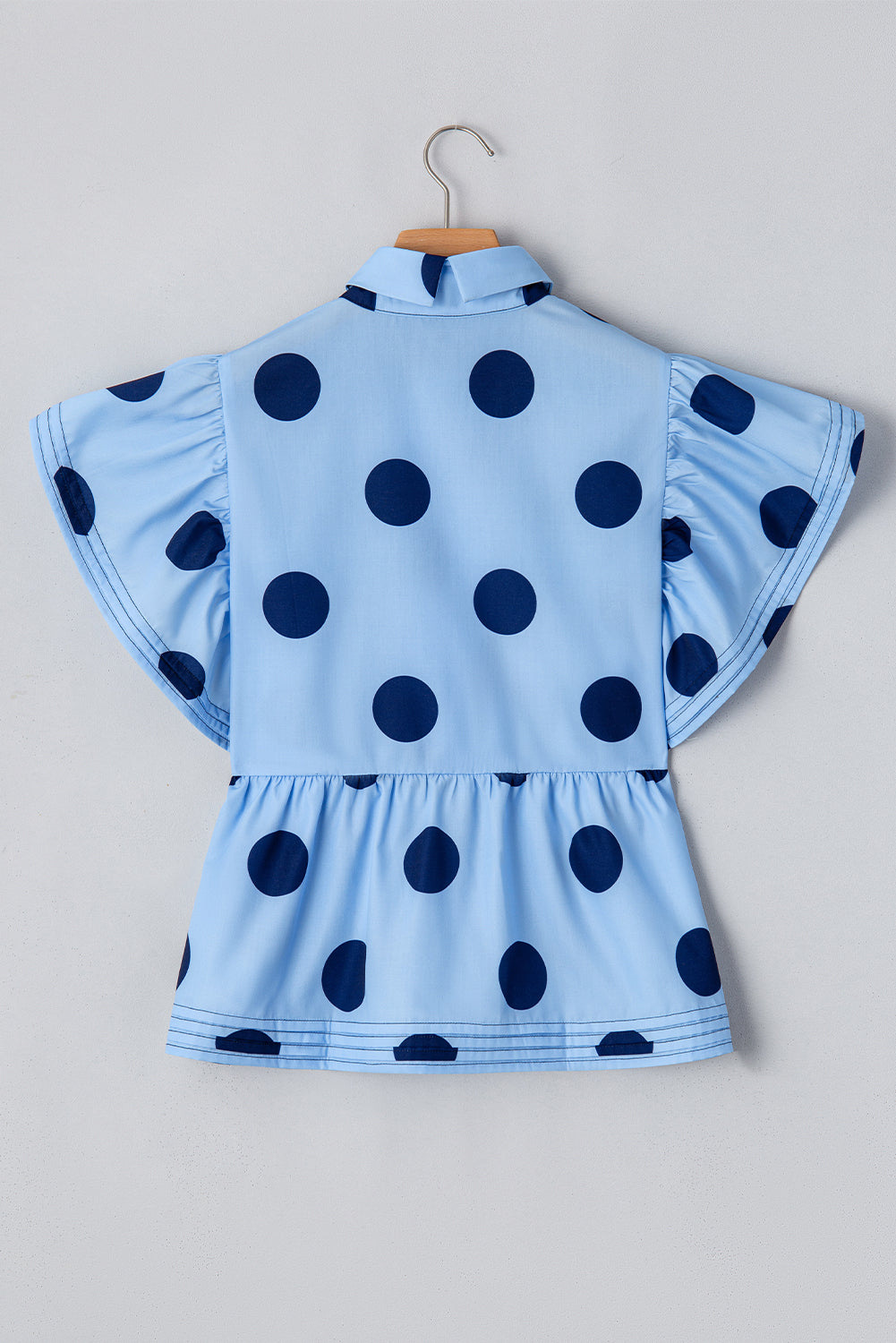 Taylor, Sky Blue Polka Dot Print Ruffled Short Sleeve Buttoned Collared Blouse