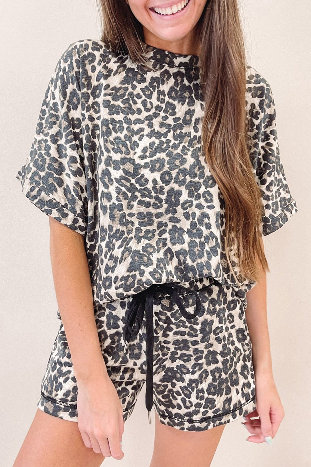 Leopard Print Tee and Shorts Pajama Set