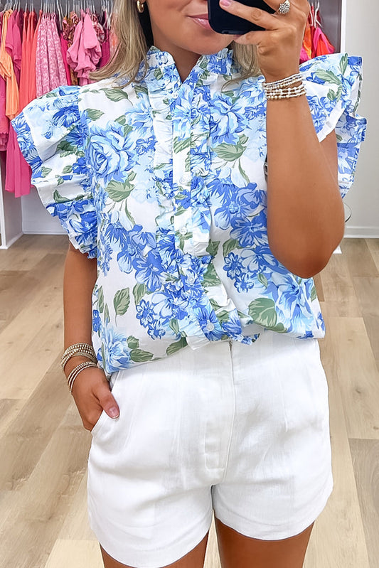 Annabelle. Sky Blue Floral Print Ruffle Sleeve Frill Shirt