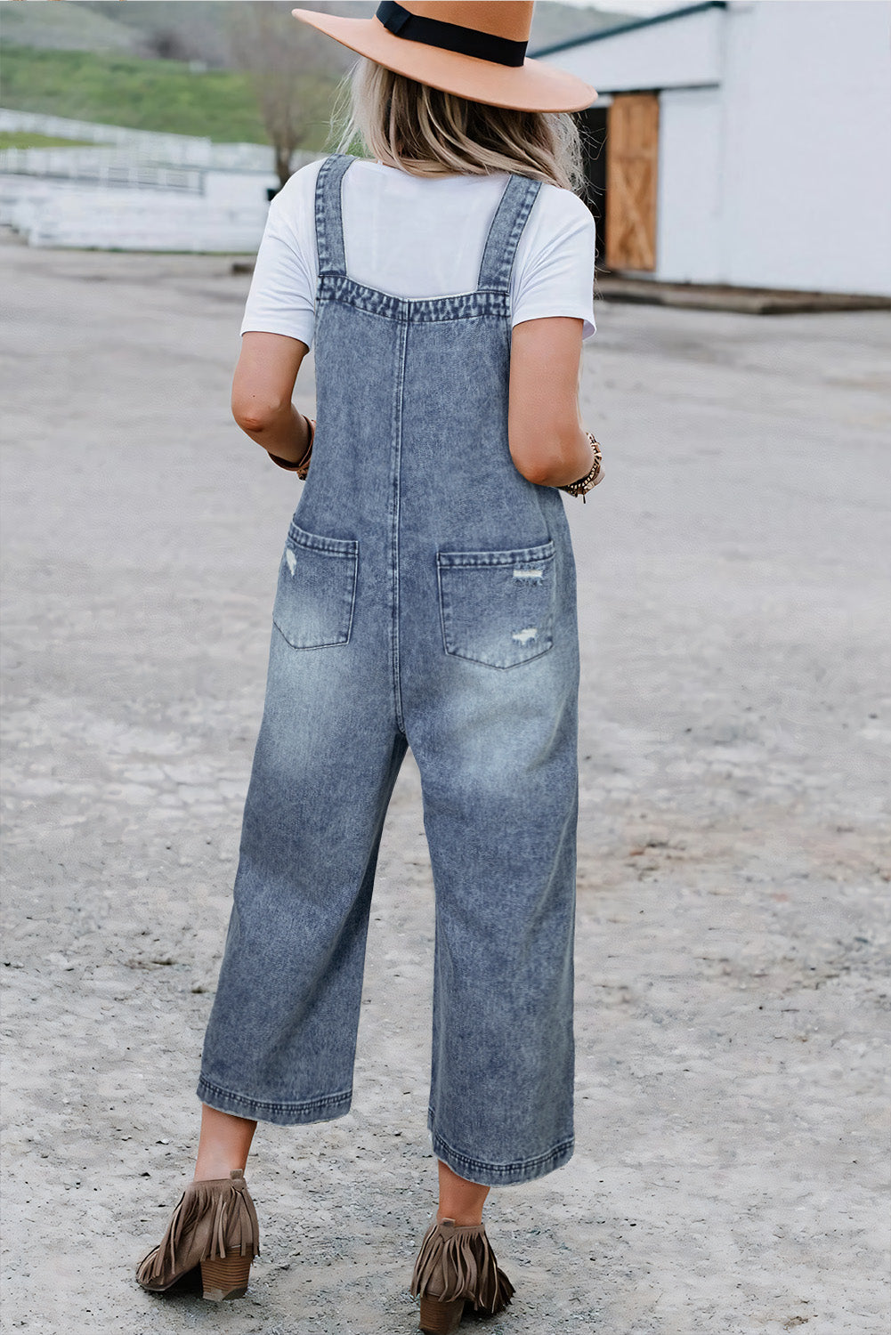 Blakely, Stone Blue Distressed Bib Pocket Wide Leg Denim Overall