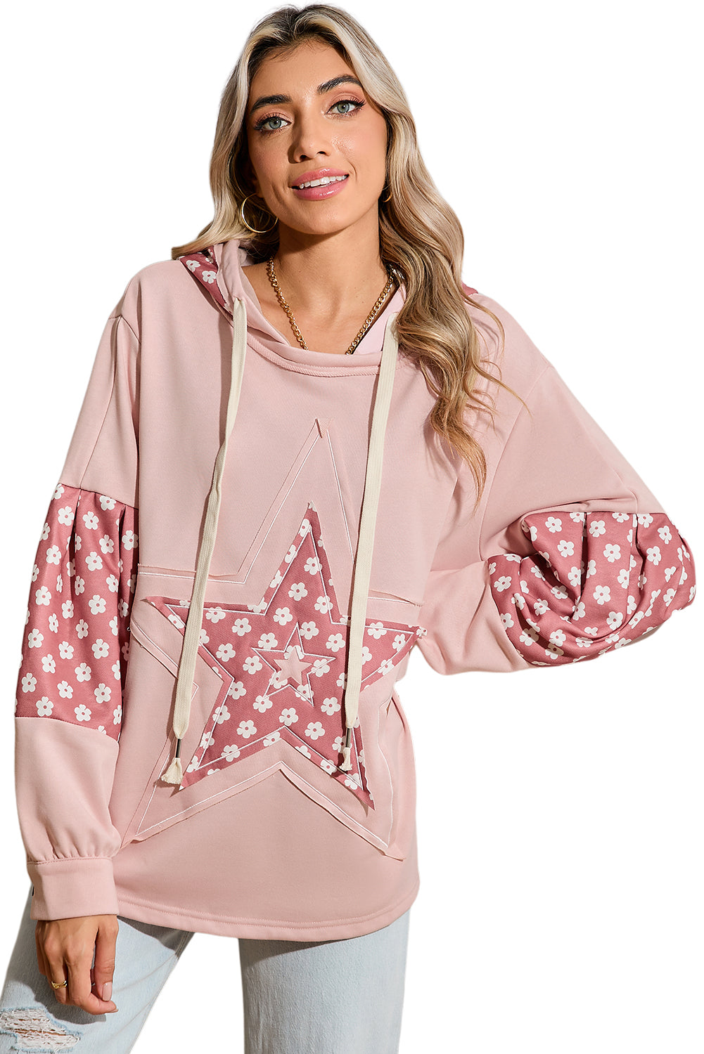 Alison, Floral Patchwork Star Pattern Drawstring Hoodie