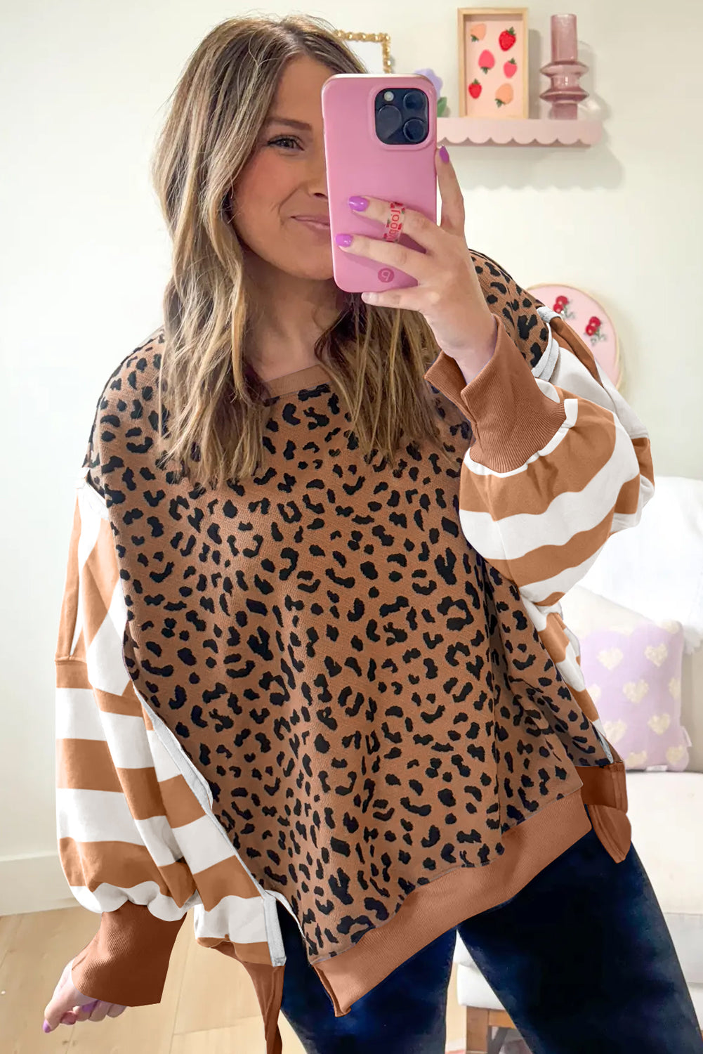 Striped Leopard Colorblock Side Slits Sweatshirt