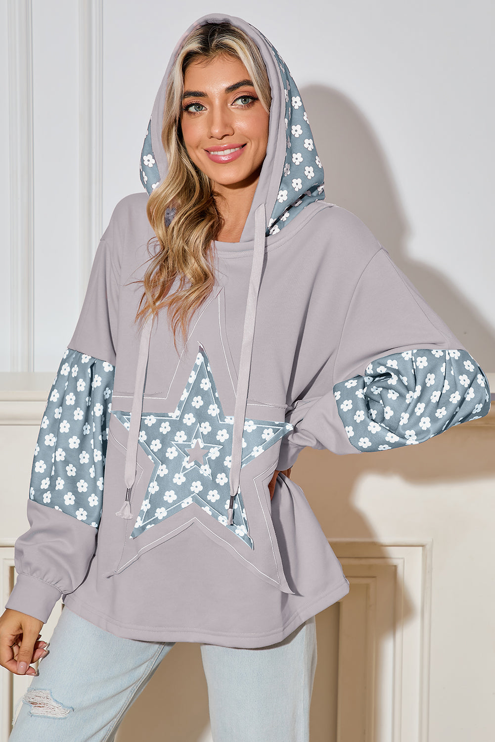 Alison, Floral Patchwork Star Pattern Drawstring Hoodie