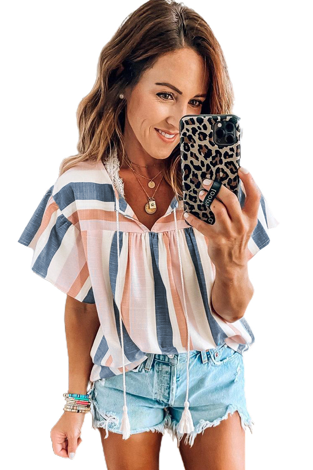 Erika, Pink and Blue Stripes Shirt Flutter Sleeve V Neck Blouse