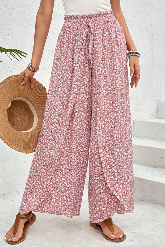 Elle, Pink Floral Shirred Side Slit Wide Leg Pants