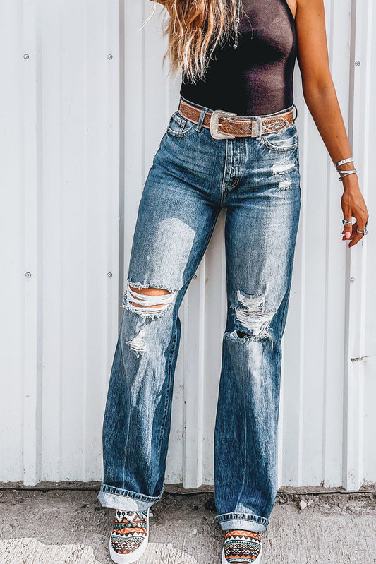 Emery, Dusk Blue Mineral Washed High Rise Ripped Jeans