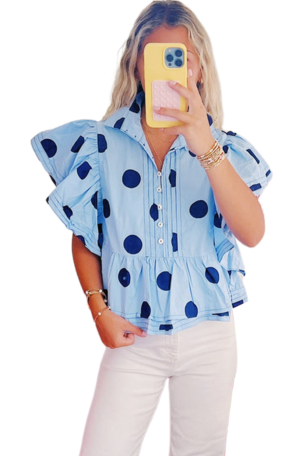 Taylor, Sky Blue Polka Dot Print Ruffled Short Sleeve Buttoned Collared Blouse