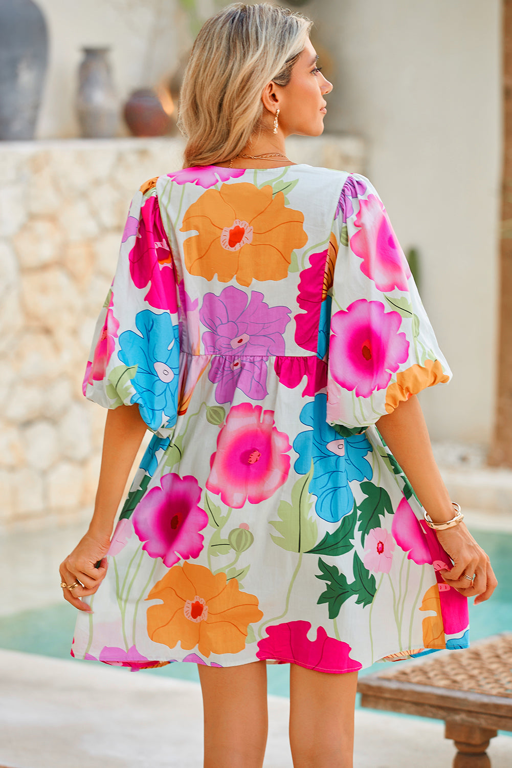 Londyn, Puff Sleeve Tied Split Neck Colorful Floral Flowy Dress