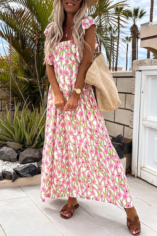 Piper, Pink Floral Print Square Neck Ruffled Strap Maxi Dress