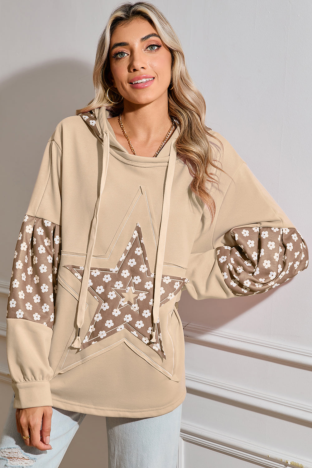 Alison, Floral Patchwork Star Pattern Drawstring Hoodie