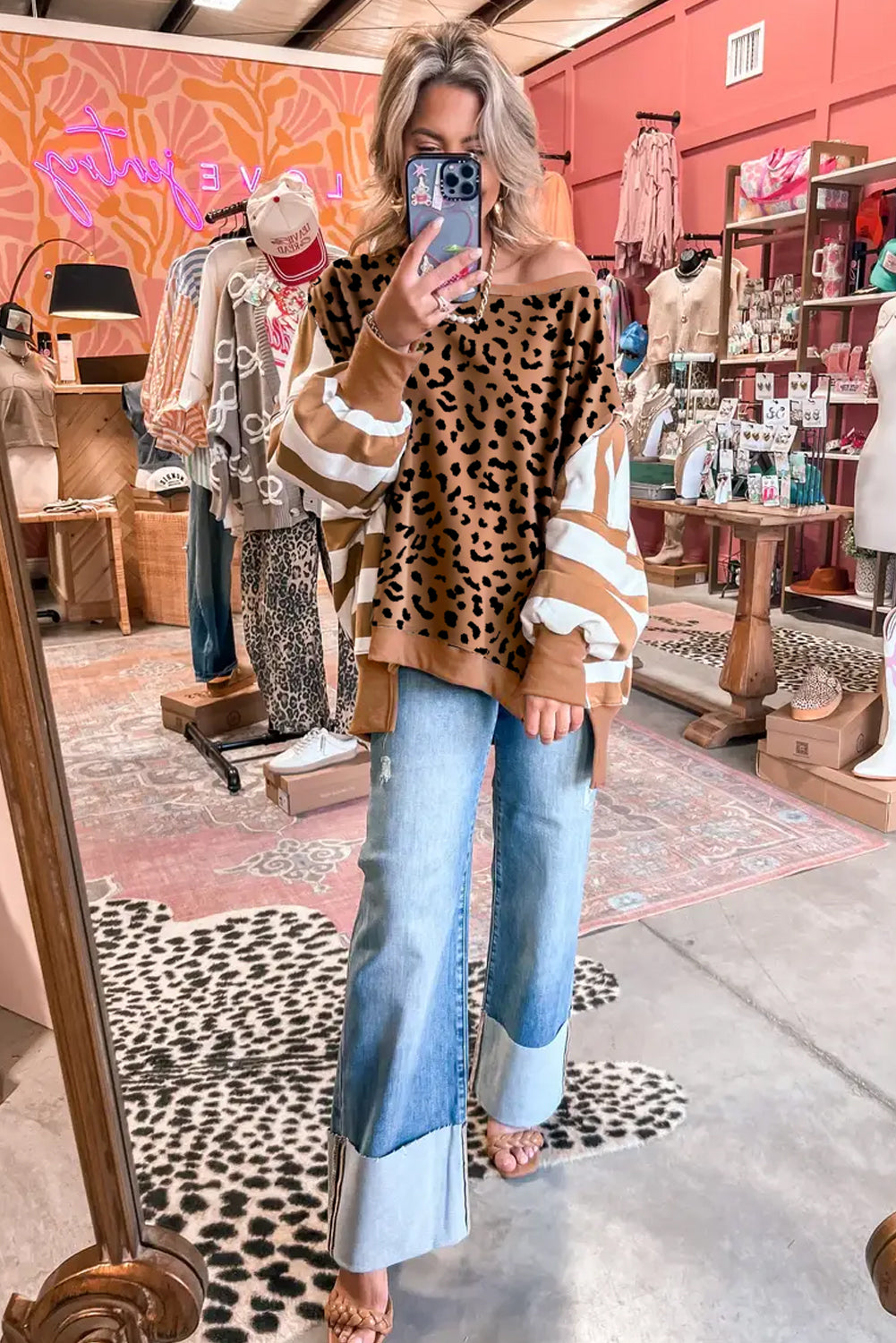 Striped Leopard Colorblock Side Slits Sweatshirt