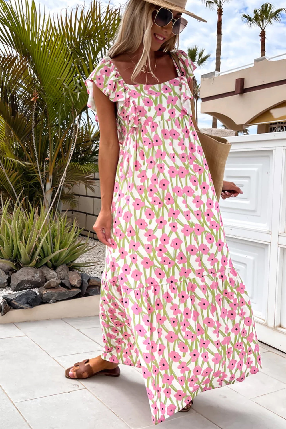 Piper, Pink Floral Print Square Neck Ruffled Strap Maxi Dress