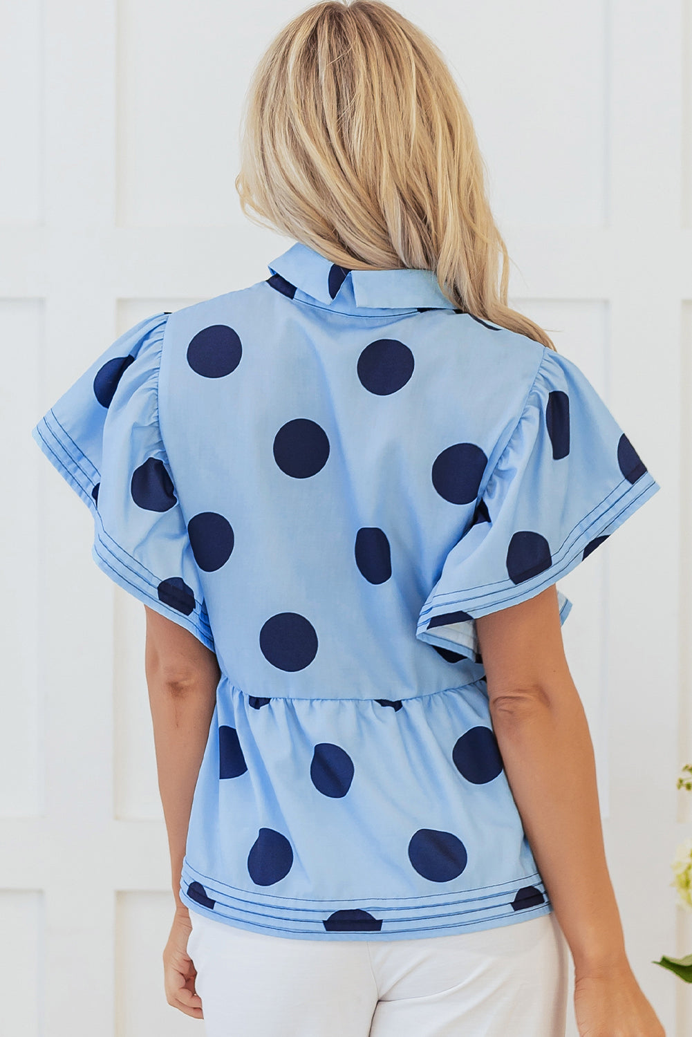 Taylor, Sky Blue Polka Dot Print Ruffled Short Sleeve Buttoned Collared Blouse