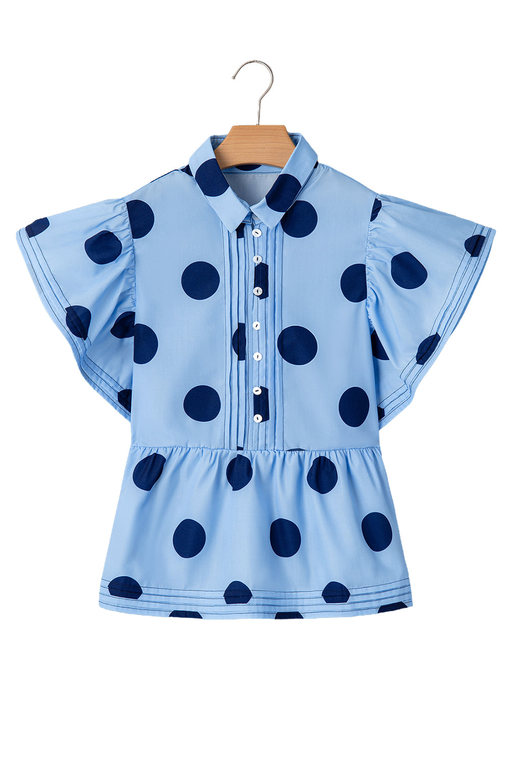 Taylor, Sky Blue Polka Dot Print Ruffled Short Sleeve Buttoned Collared Blouse