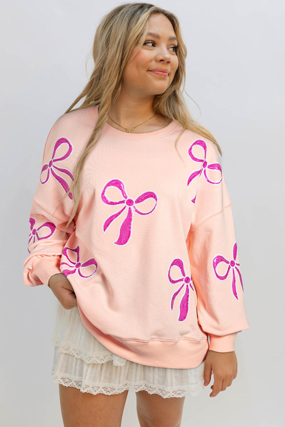 Sequin Bow Drop Shoulder Oversized Sweatshirt