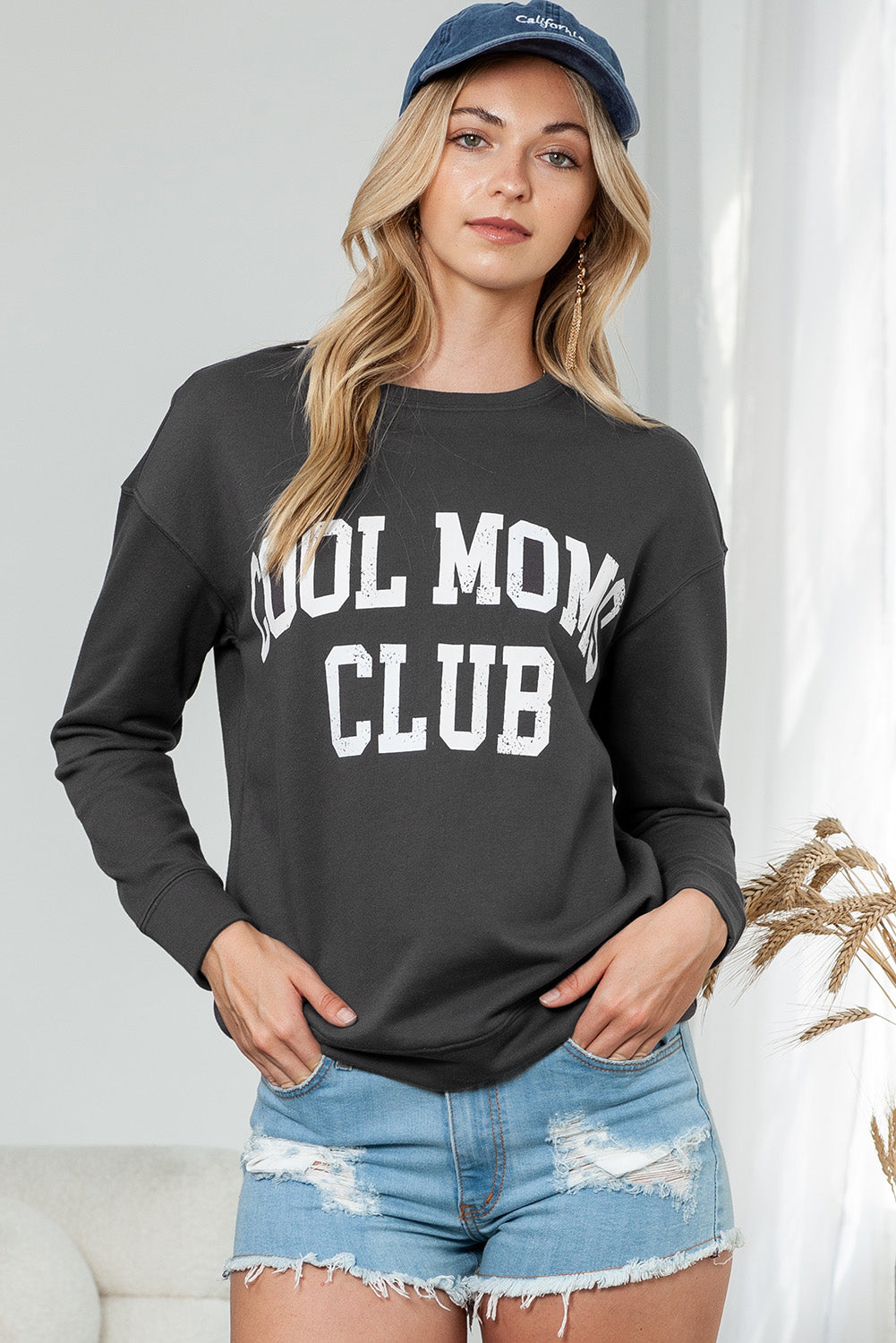 COOL MOMS CLUB Print Drop Shoulder Light Wash Sweatshirt