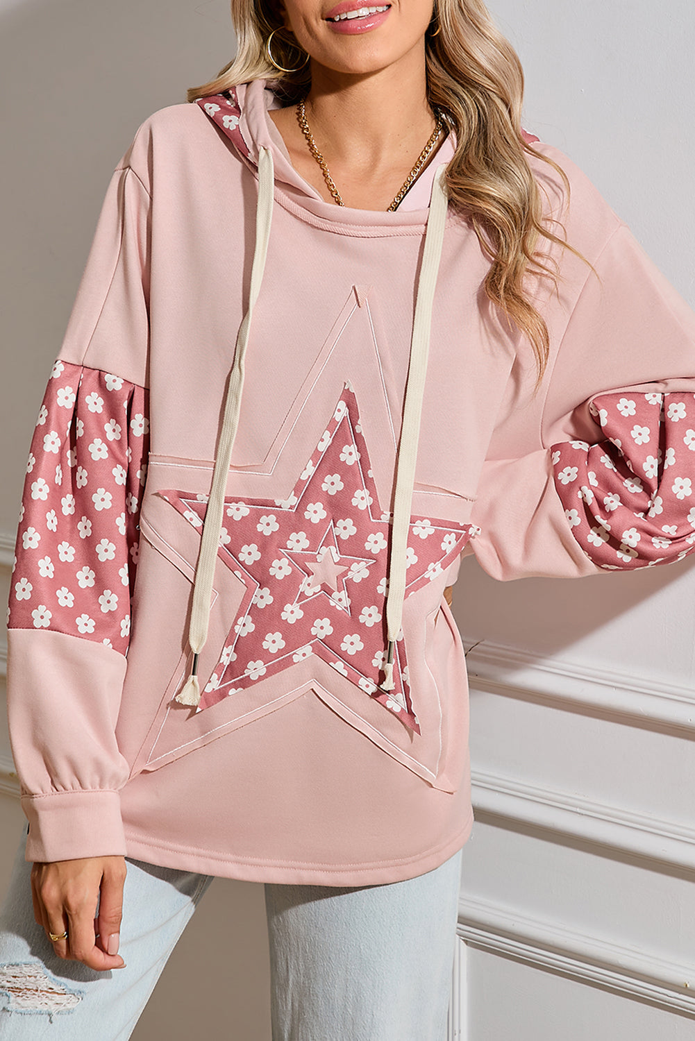 Alison, Floral Patchwork Star Pattern Drawstring Hoodie