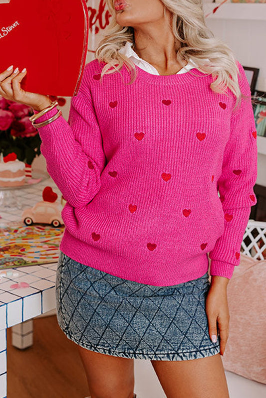 Heart Pattern Drop Shoulder Round Neck Sweater