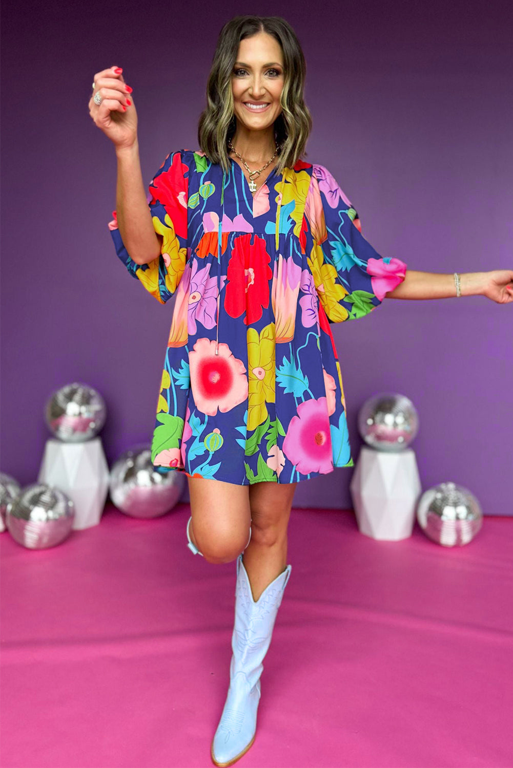 Londyn, Puff Sleeve Tied Split Neck Colorful Floral Flowy Dress