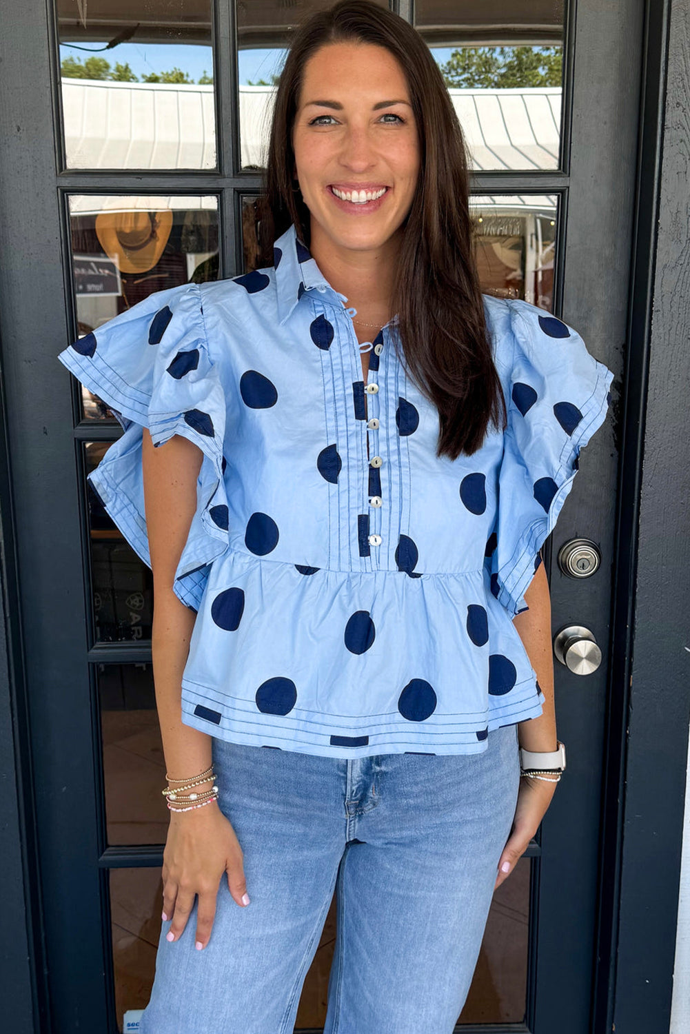 Taylor, Sky Blue Polka Dot Print Ruffled Short Sleeve Buttoned Collared Blouse