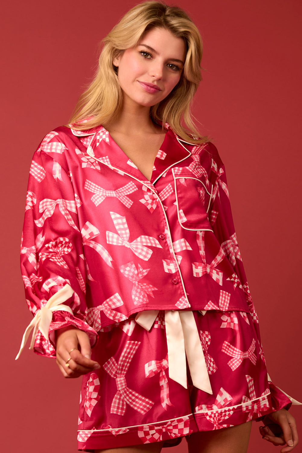 Blair, Red Bow Long Sleeve And Shorts Pajama Set