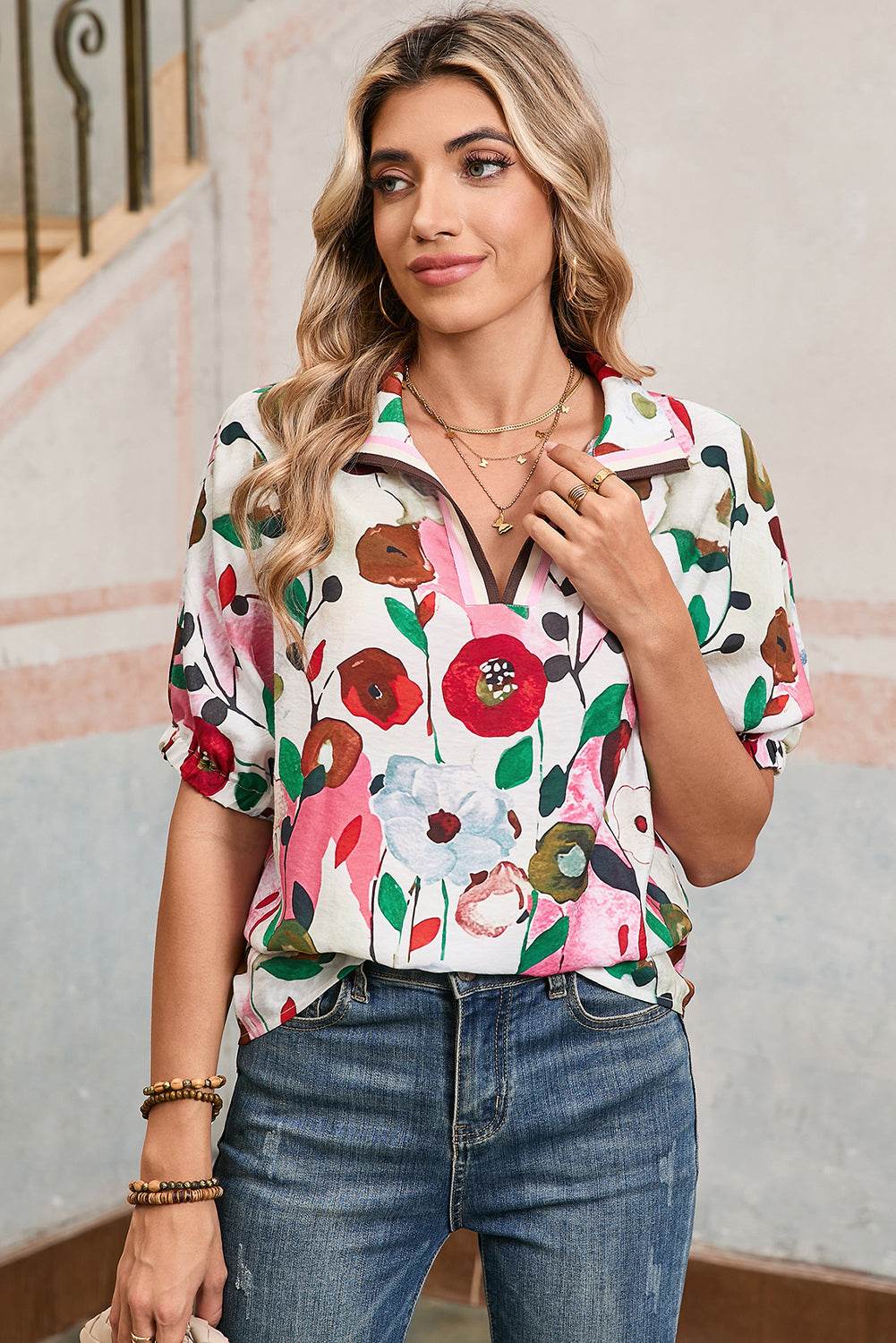 Courtney, V-Neck Floral Print Boho Blouse