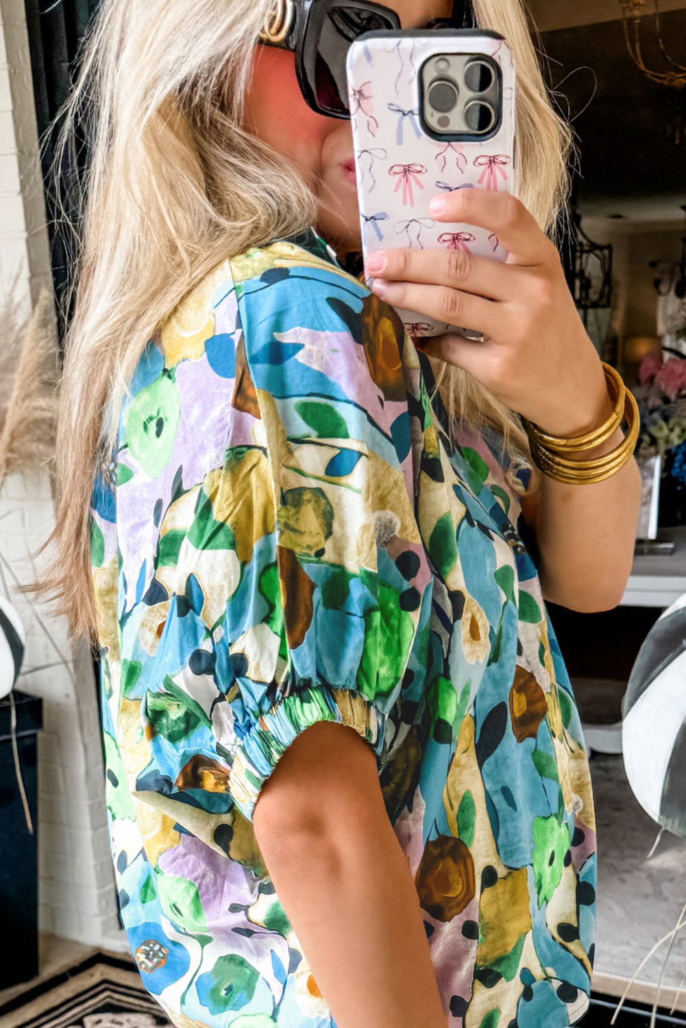 Courtney, V-Neck Floral Print Boho Blouse