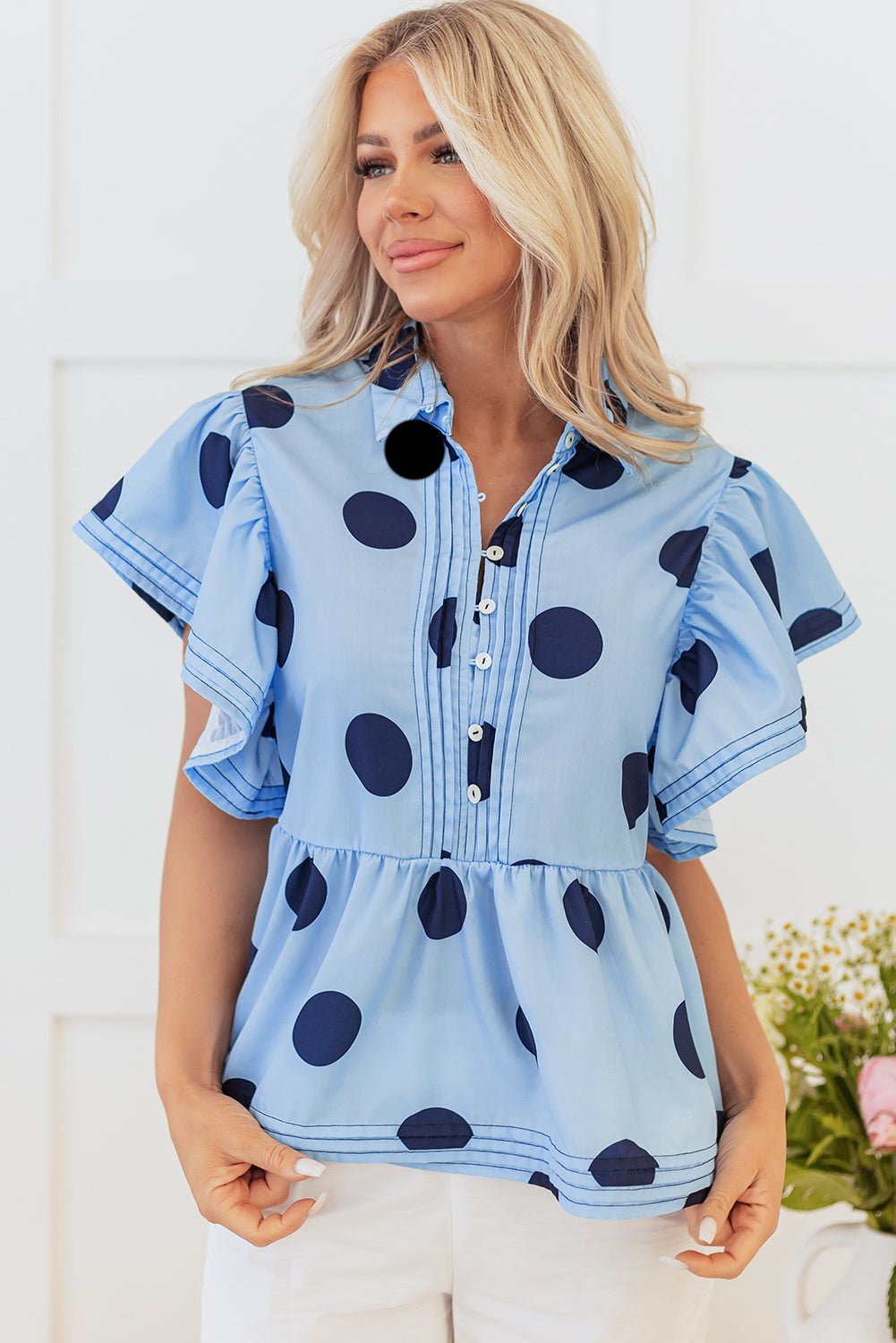 Taylor, Sky Blue Polka Dot Print Ruffled Short Sleeve Buttoned Collared Blouse