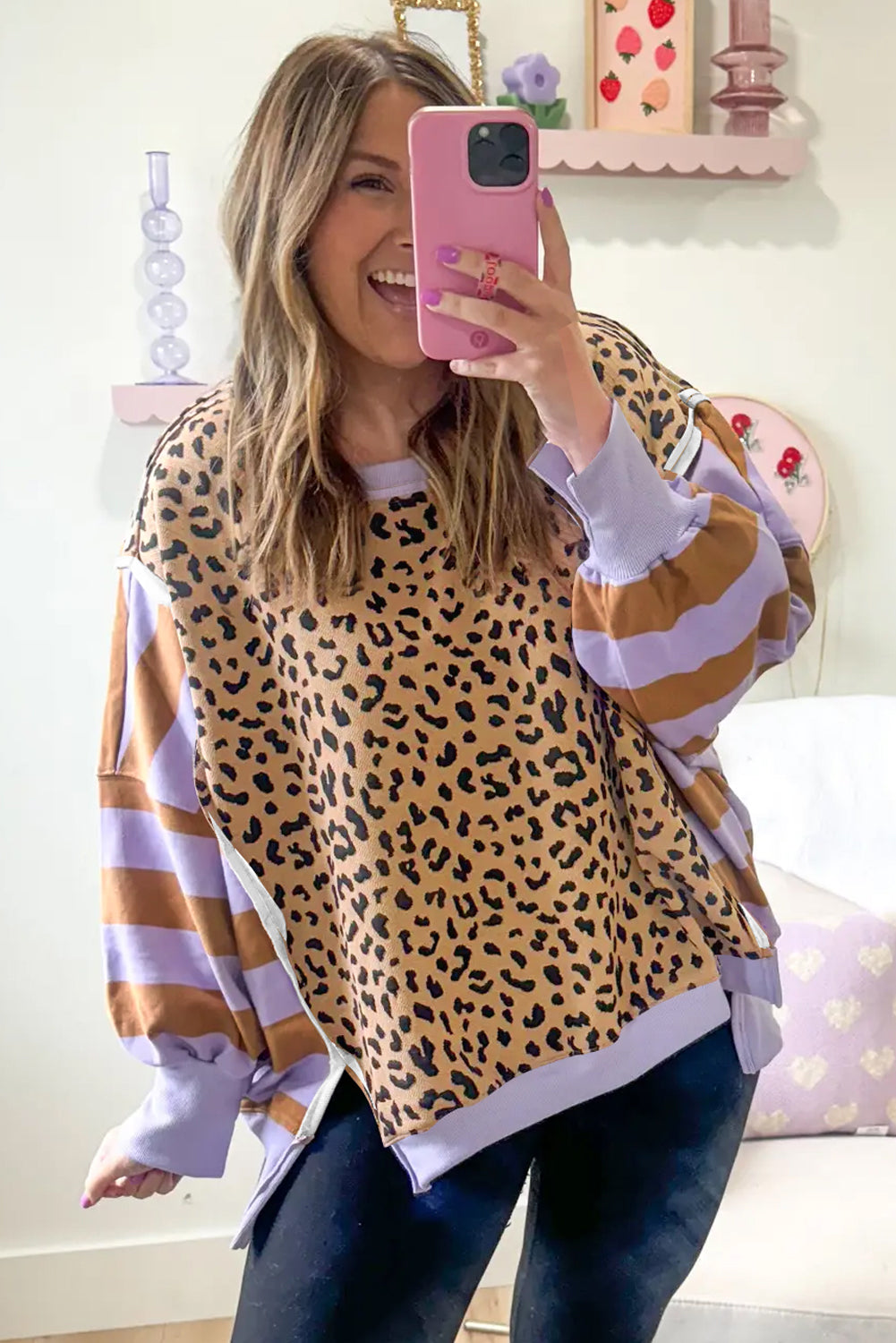 Striped Leopard Colorblock Side Slits Sweatshirt