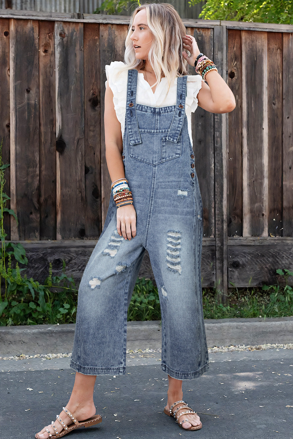 Blakely, Stone Blue Distressed Bib Pocket Wide Leg Denim Overall