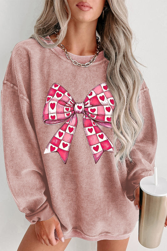 Valentines Heart Checkered Bow Baggy Sweatshirt