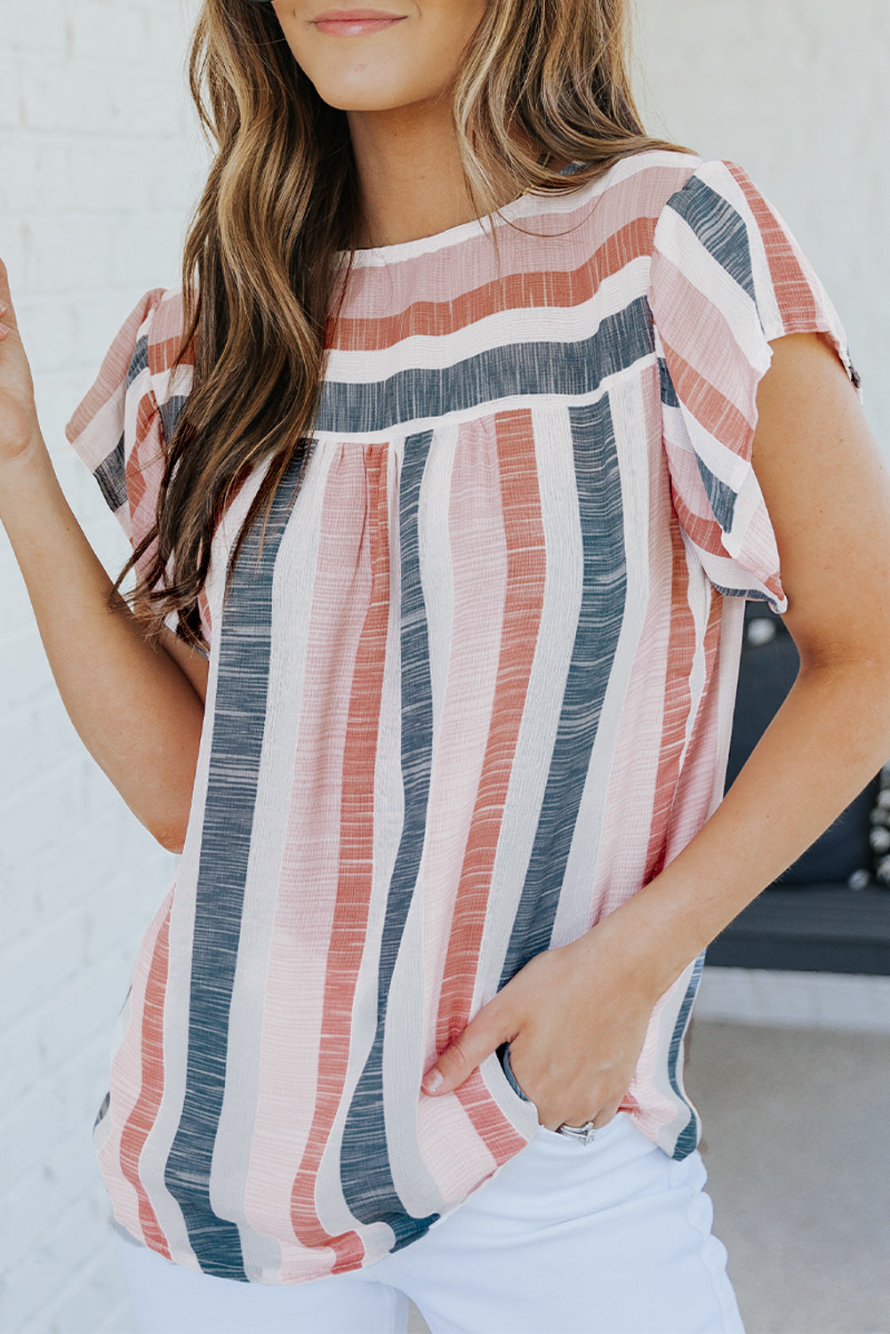 Erika, Pink and Blue Stripes Shirt Flutter Sleeve V Neck Blouse