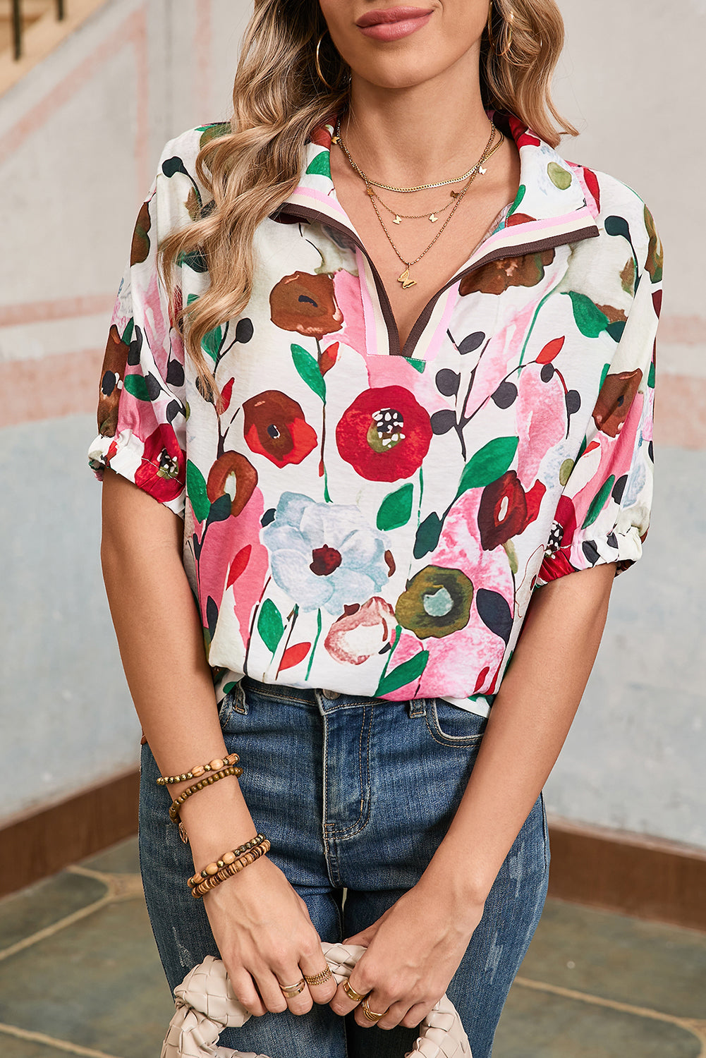 Courtney, V-Neck Floral Print Boho Blouse