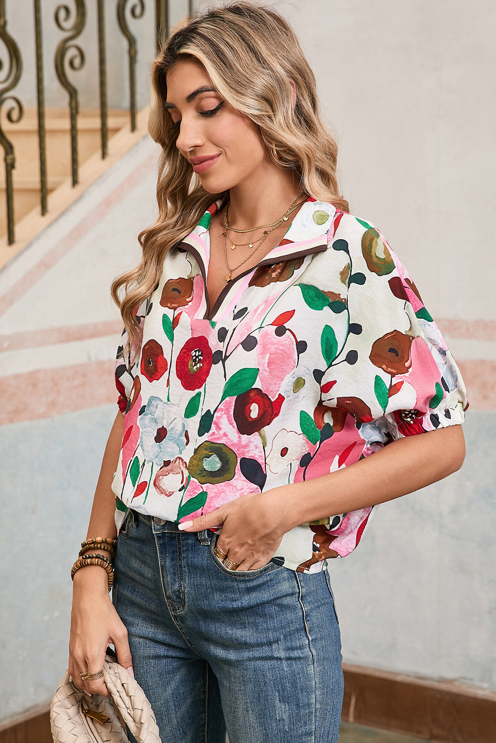 Courtney, V-Neck Floral Print Boho Blouse