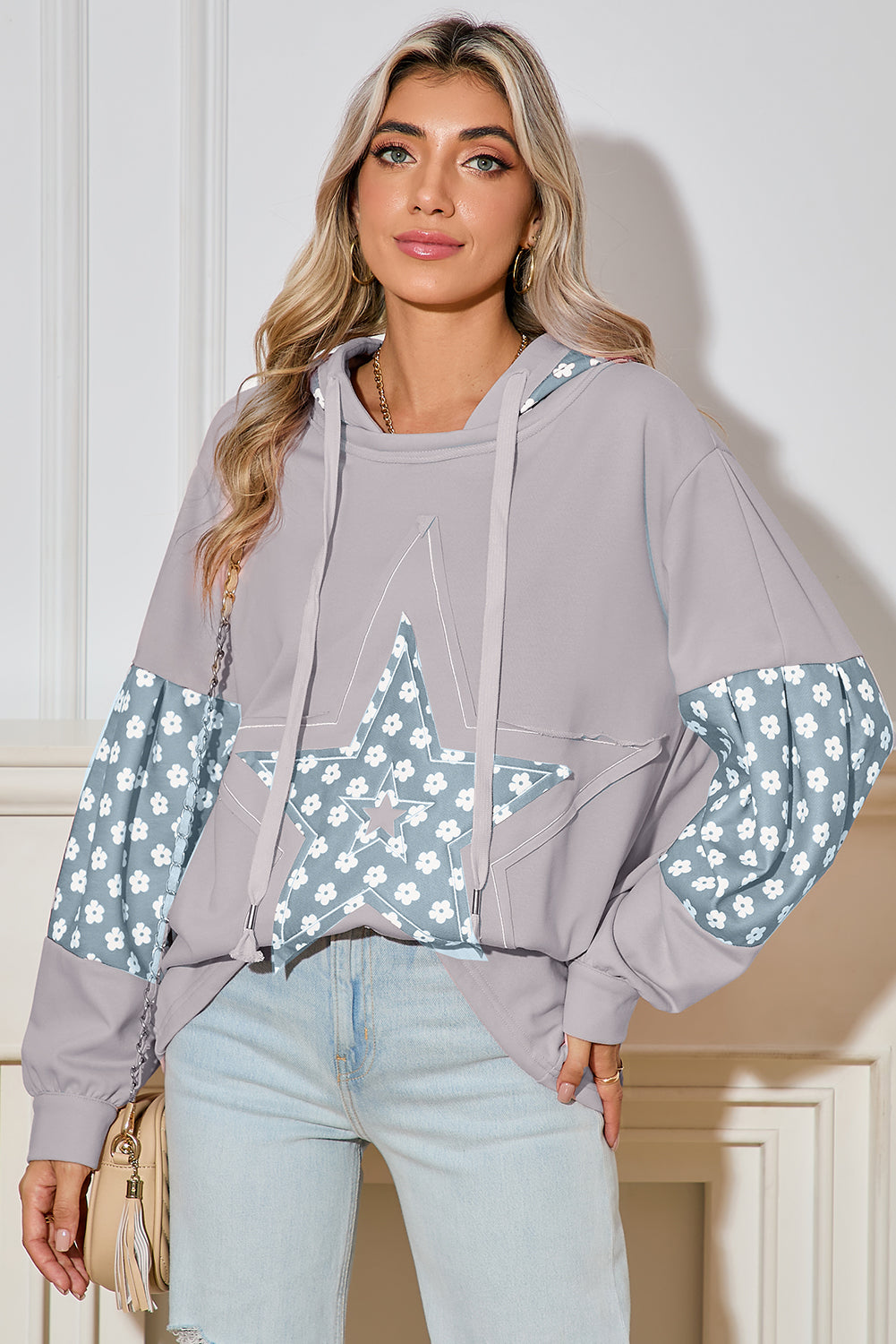 Alison, Floral Patchwork Star Pattern Drawstring Hoodie