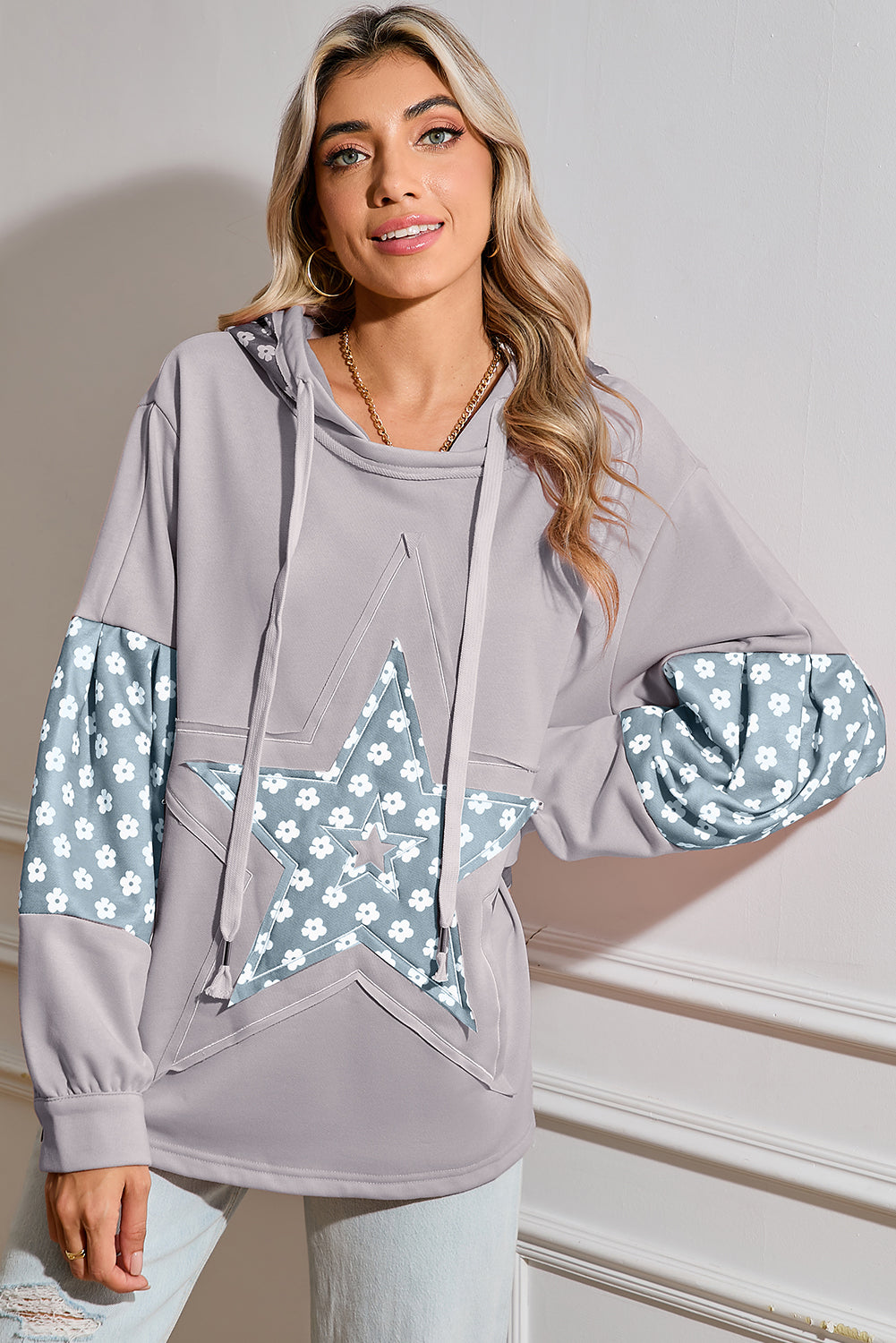 Alison, Floral Patchwork Star Pattern Drawstring Hoodie