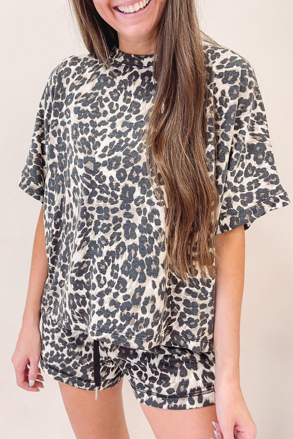 Leopard Print Tee and Shorts Pajama Set