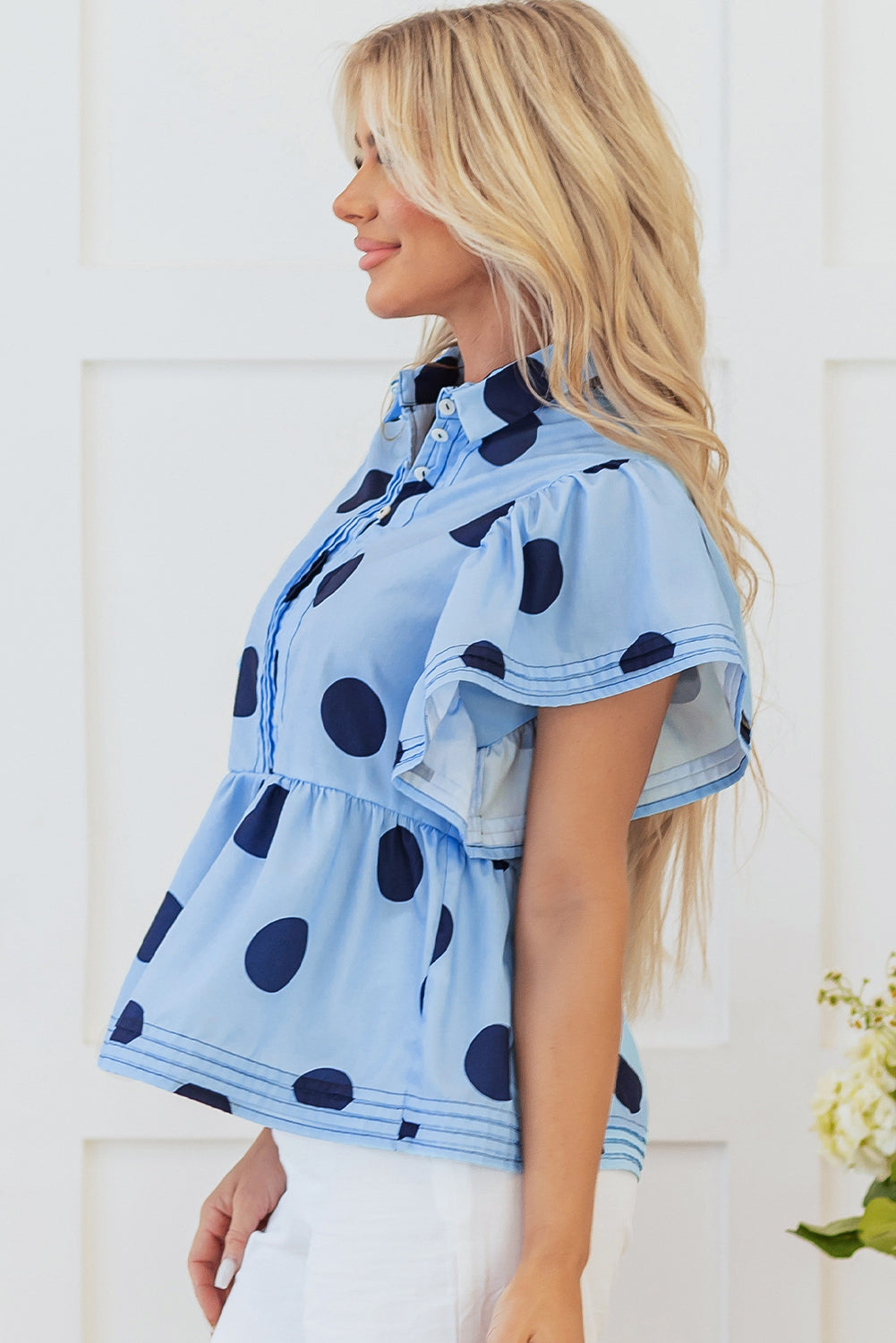 Taylor, Sky Blue Polka Dot Print Ruffled Short Sleeve Buttoned Collared Blouse