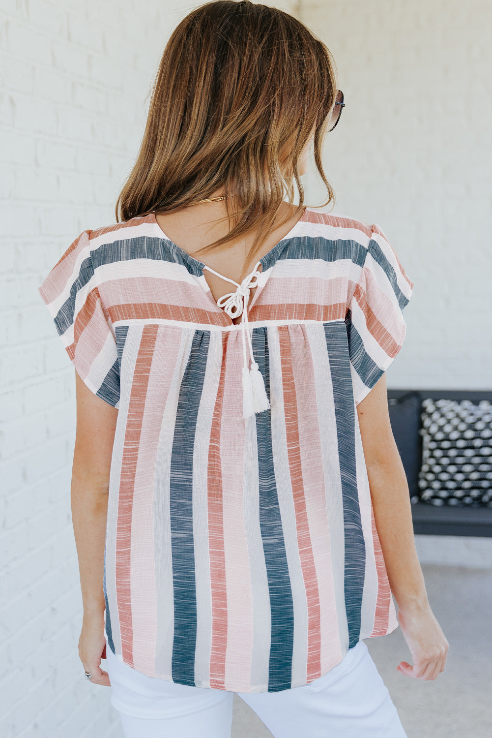 Erika, Pink and Blue Stripes Shirt Flutter Sleeve V Neck Blouse