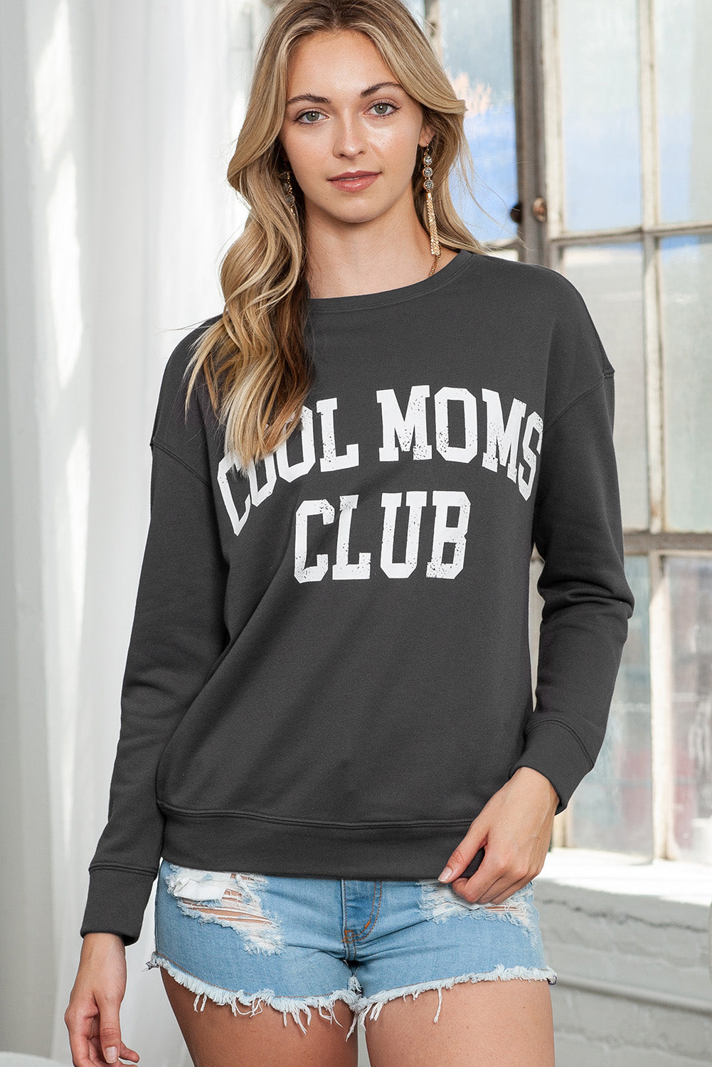 COOL MOMS CLUB Print Drop Shoulder Light Wash Sweatshirt