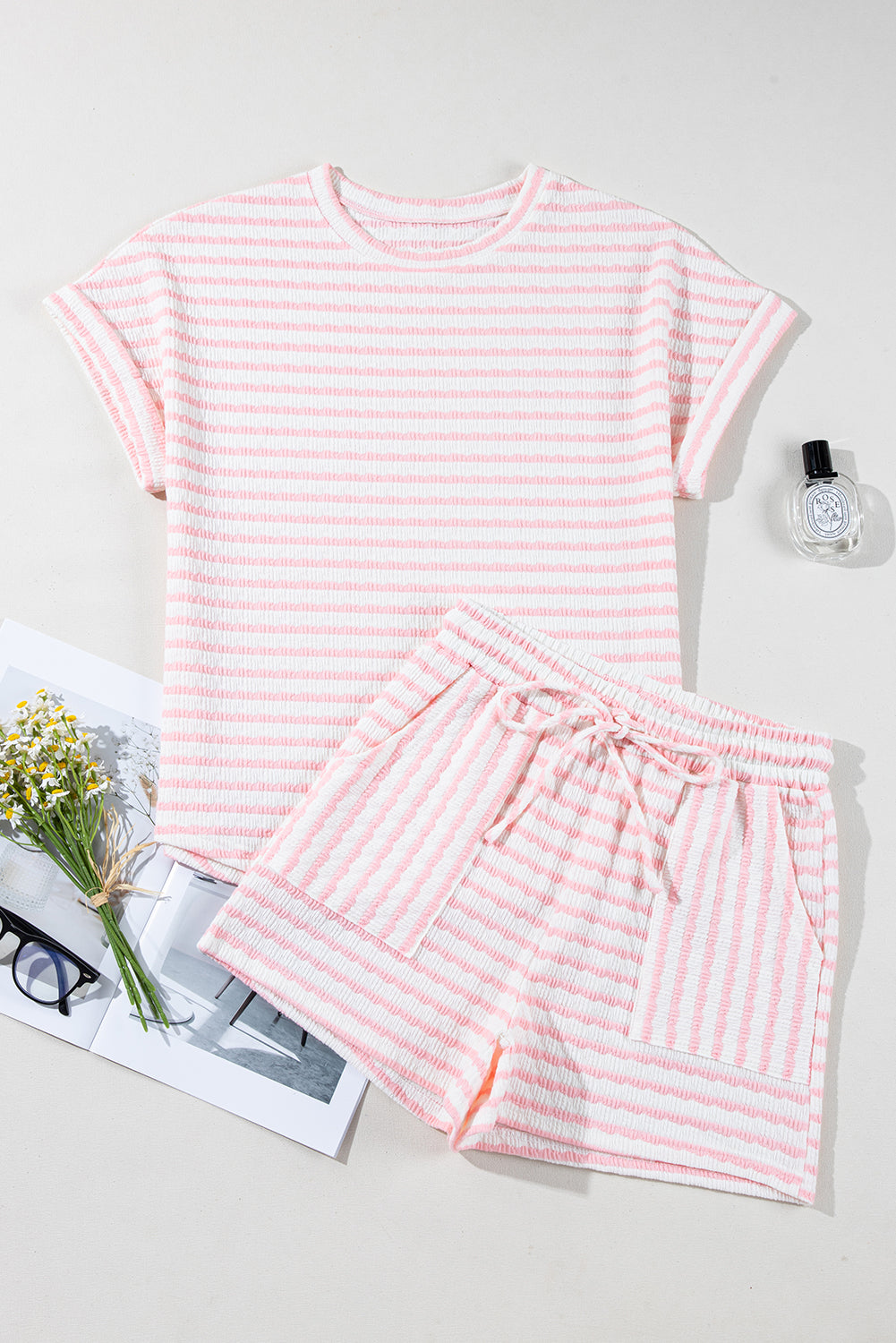 Madison, Pink Striped Print Short Sleeve Top and Pocket Shorts Set