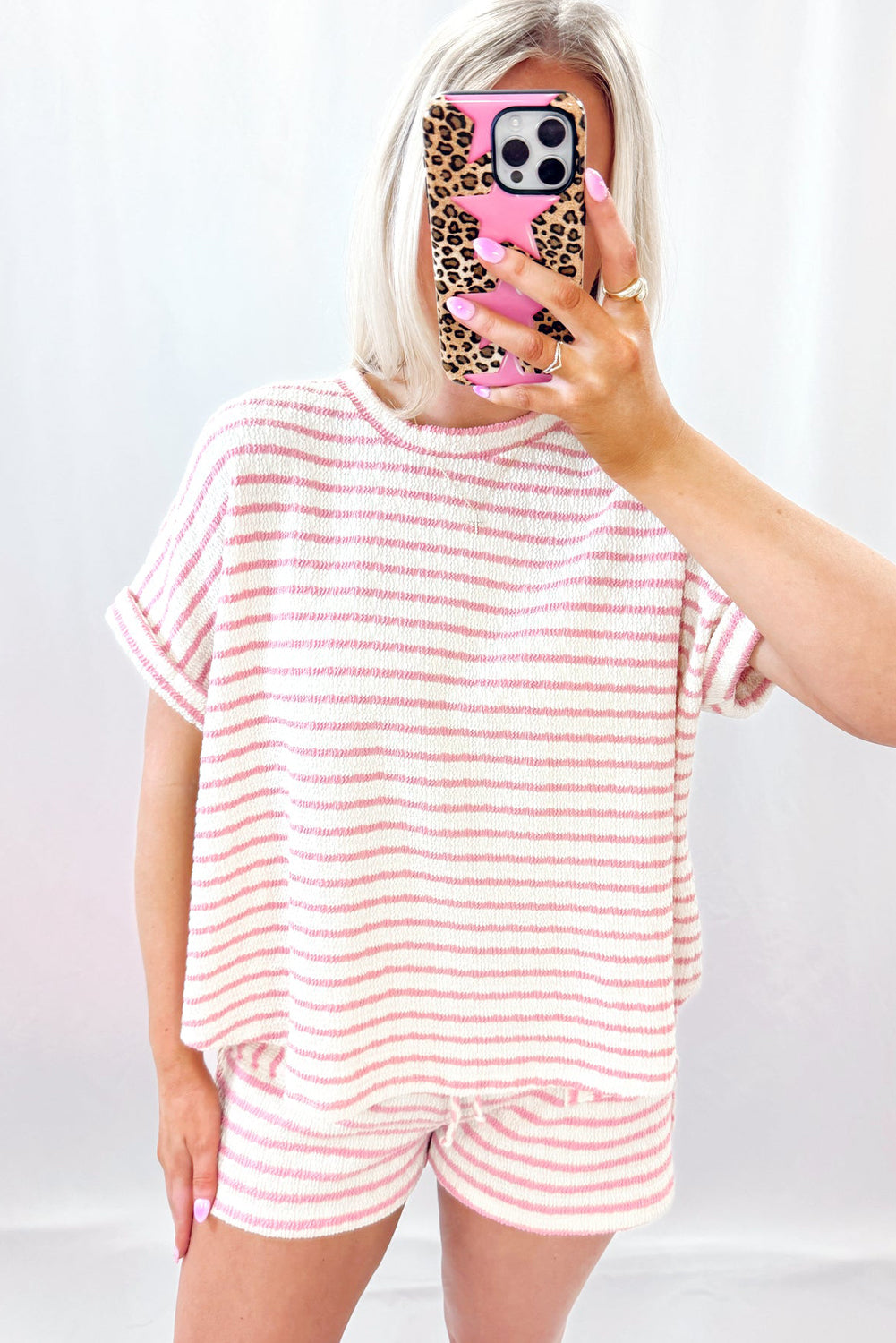 Madison, Pink Striped Print Short Sleeve Top and Pocket Shorts Set