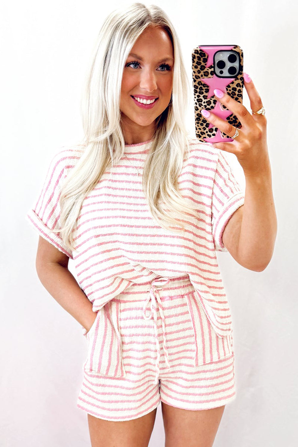 Madison, Pink Striped Print Short Sleeve Top and Pocket Shorts Set