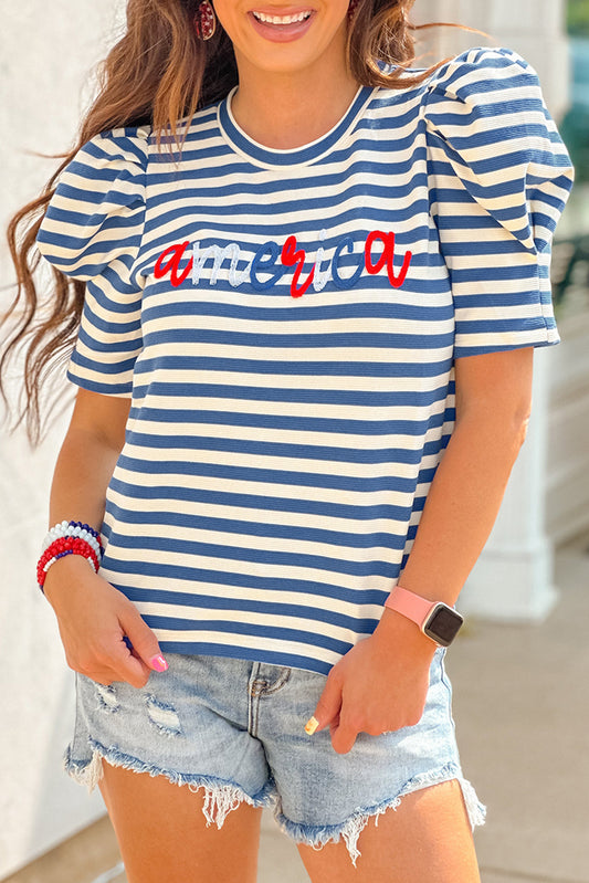 AMERICA, Blue Stripe  Print Puff Sleeve T-shirt