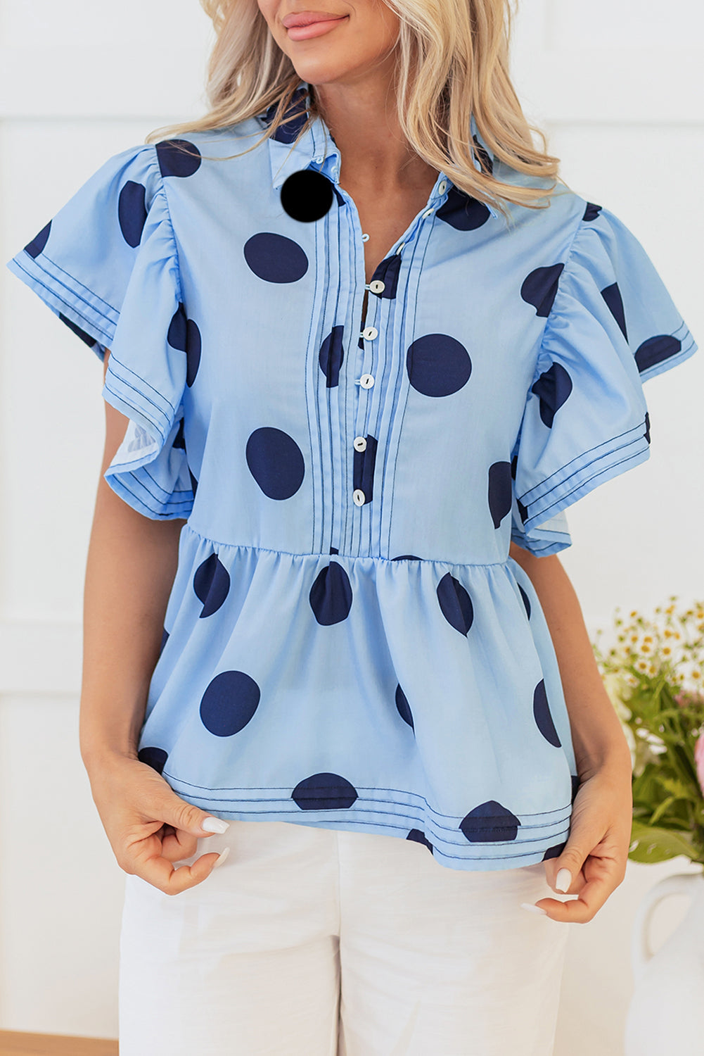 Taylor, Sky Blue Polka Dot Print Ruffled Short Sleeve Buttoned Collared Blouse