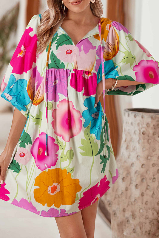 Londyn, Puff Sleeve Tied Split Neck Colorful Floral Flowy Dress